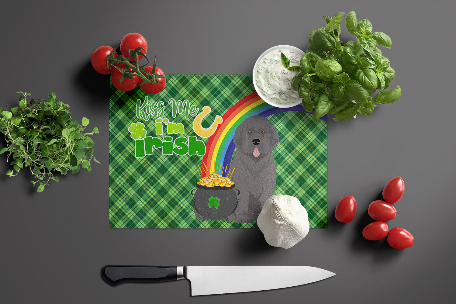 Grey Newfoundland St. Patrick's Day Cutting Board Tempered Glass Kitchen Cutting Surface, Heat Resistant Chopping, Non-Slip Feet, Food Prep & Serving