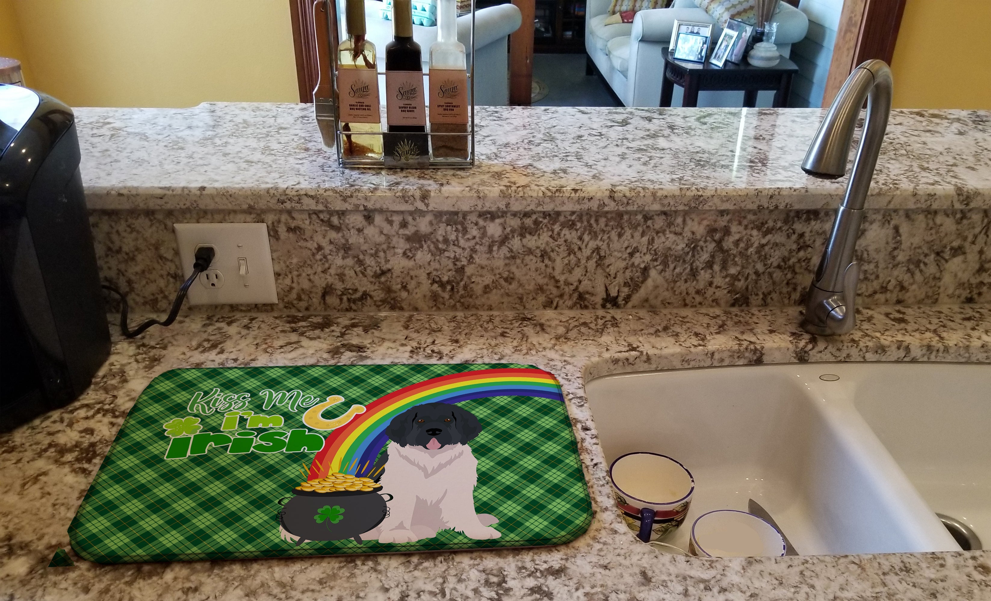 Landseer Newfoundland St. Patrick's Day Dish Drying Mat Absorbent Dish Drying Mat Pad for Kitchen Counter Dish Drainer Mat for Countertop, 14 x 21", Multicolor