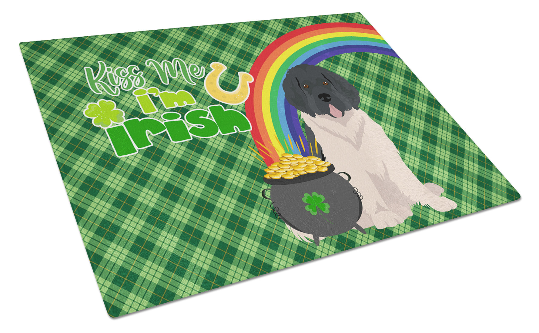 Landseer Newfoundland St. Patrick's Day Cutting Board Tempered Glass Kitchen Cutting Surface, Heat Resistant Chopping, Non-Slip Feet, Food Prep & Serving