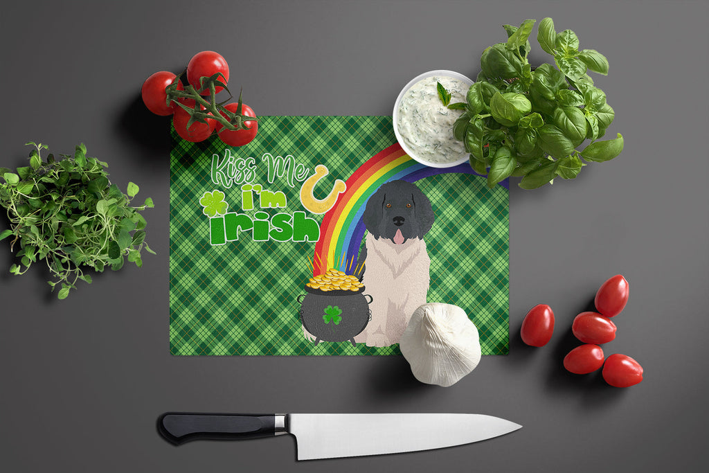 Landseer Newfoundland St. Patrick's Day Cutting Board Tempered Glass Kitchen Cutting Surface, Heat Resistant Chopping, Non-Slip Feet, Food Prep & Serving
