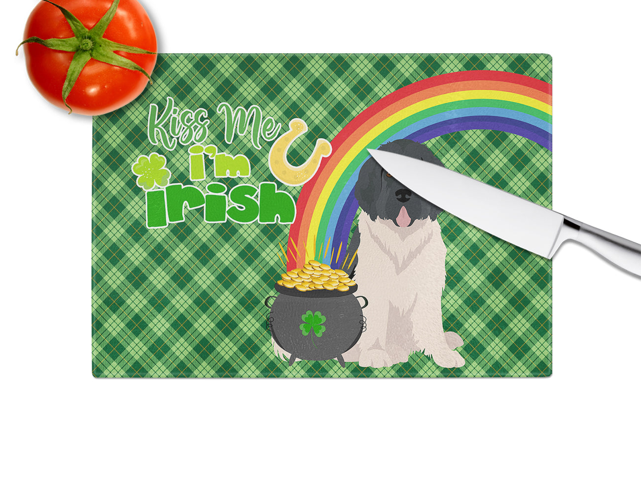 Landseer Newfoundland St. Patrick's Day Cutting Board Tempered Glass Kitchen Cutting Surface, Heat Resistant Chopping, Non-Slip Feet, Food Prep & Serving