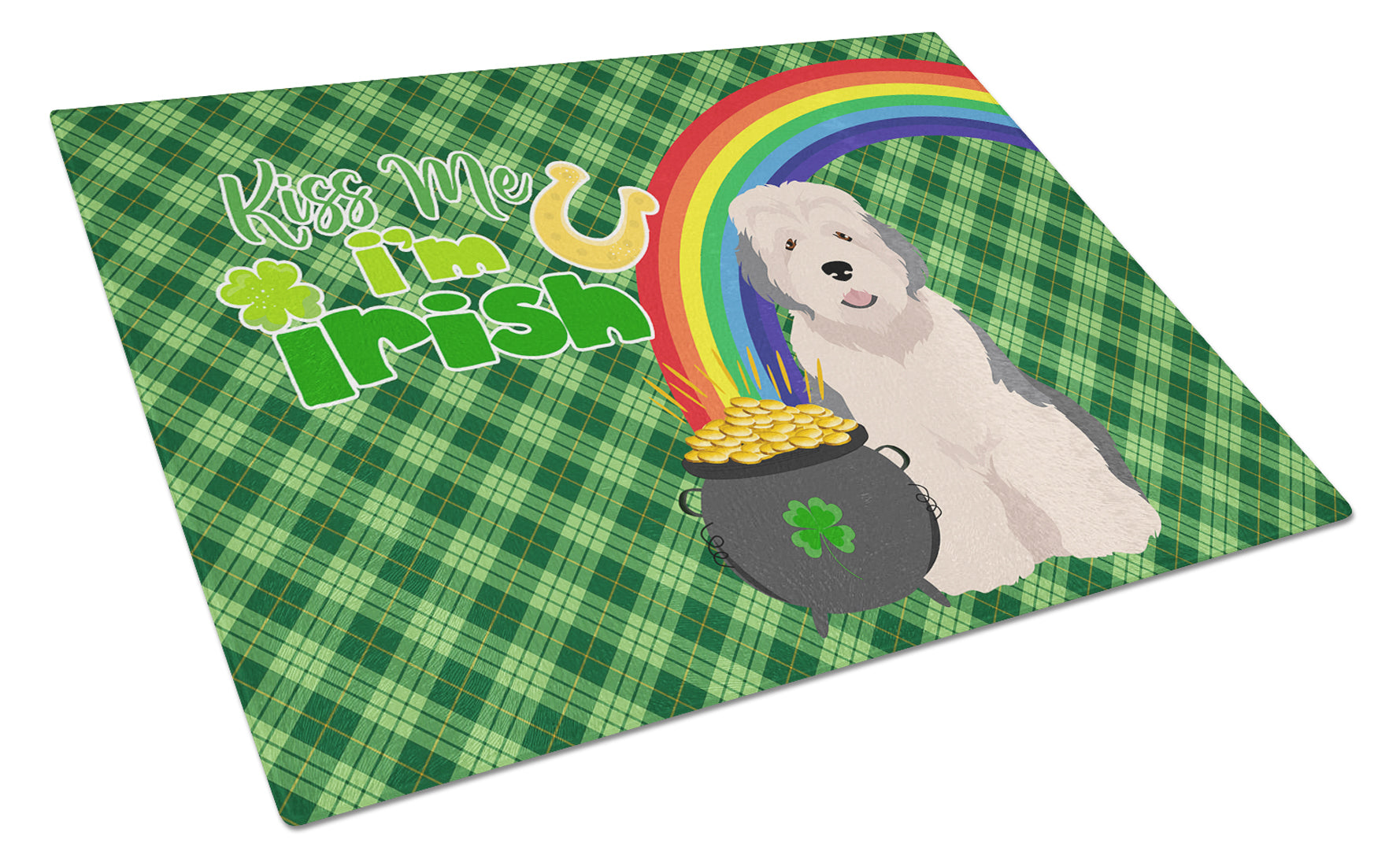 Old English Sheepdog St. Patrick's Day Cutting Board Tempered Glass Kitchen Cutting Surface, Heat Resistant Chopping, Non-Slip Feet, Food Prep & Serving