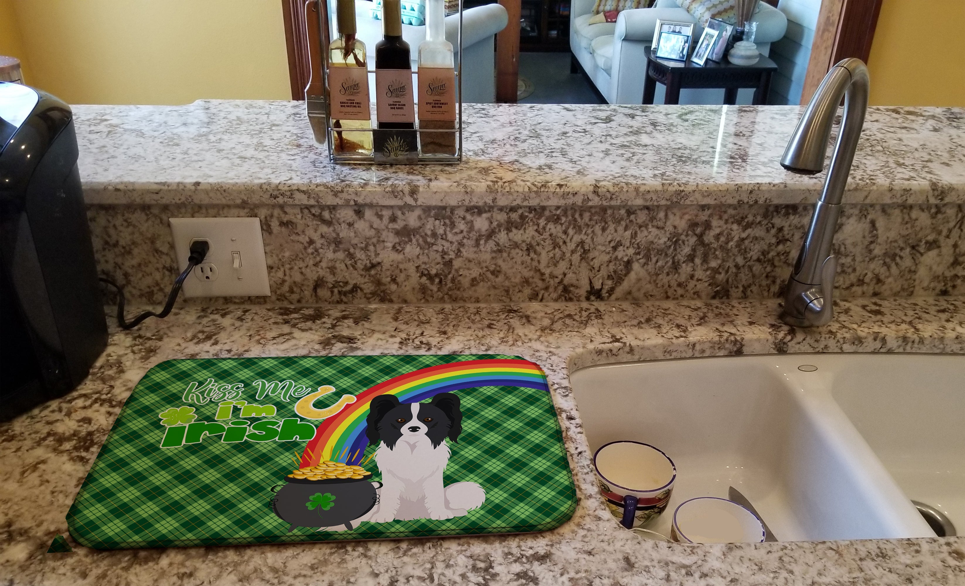 Black and White Papillon St. Patrick's Day Dish Drying Mat Absorbent Dish Drying Mat Pad for Kitchen Counter Dish Drainer Mat for Countertop, 14 x 21", Multicolor