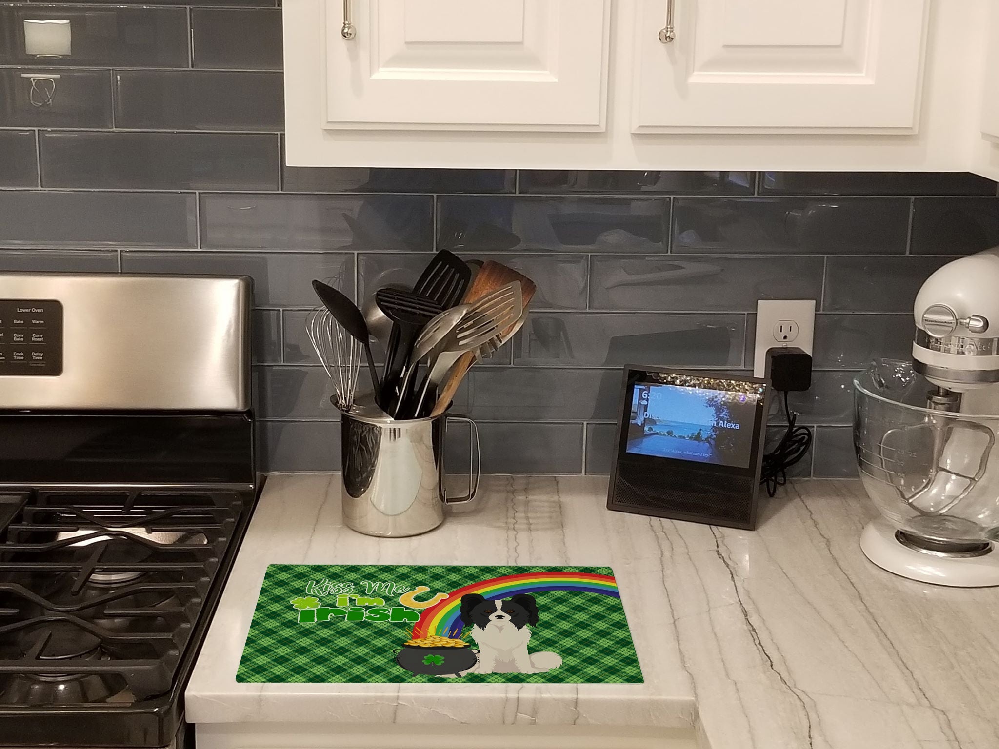 Black and White Papillon St. Patrick's Day Cutting Board Tempered Glass Kitchen Cutting Surface, Heat Resistant Chopping, Non-Slip Feet, Food Prep & Serving