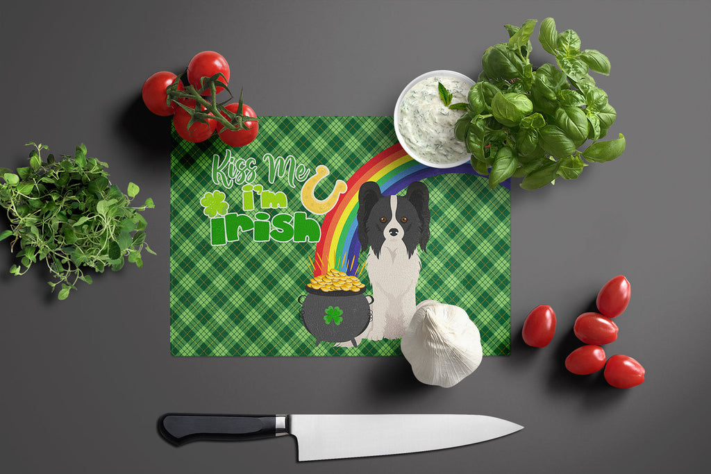 Black and White Papillon St. Patrick's Day Cutting Board Tempered Glass Kitchen Cutting Surface, Heat Resistant Chopping, Non-Slip Feet, Food Prep & Serving
