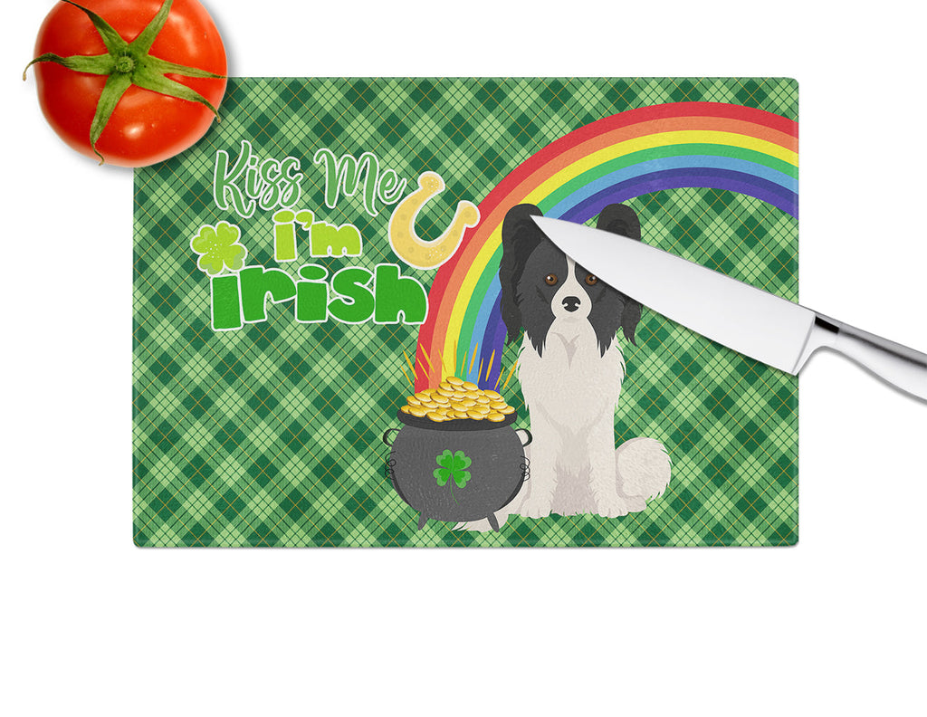Black and White Papillon St. Patrick's Day Cutting Board Tempered Glass Kitchen Cutting Surface, Heat Resistant Chopping, Non-Slip Feet, Food Prep & Serving