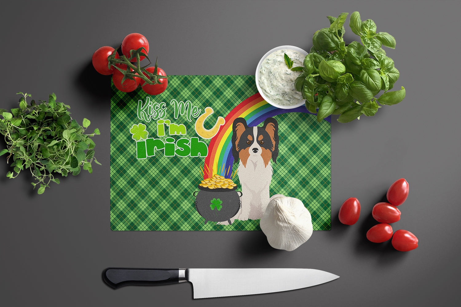 Tricolor Papillon St. Patrick's Day Cutting Board Tempered Glass Kitchen Cutting Surface, Heat Resistant Chopping, Non-Slip Feet, Food Prep & Serving