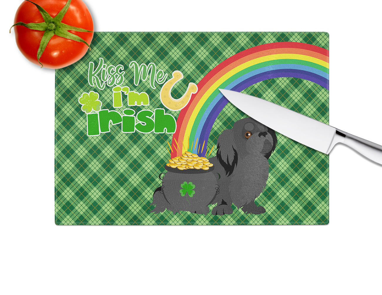 Black Pekingese St. Patrick's Day Cutting Board Tempered Glass Kitchen Cutting Surface, Heat Resistant Chopping, Non-Slip Feet, Food Prep & Serving