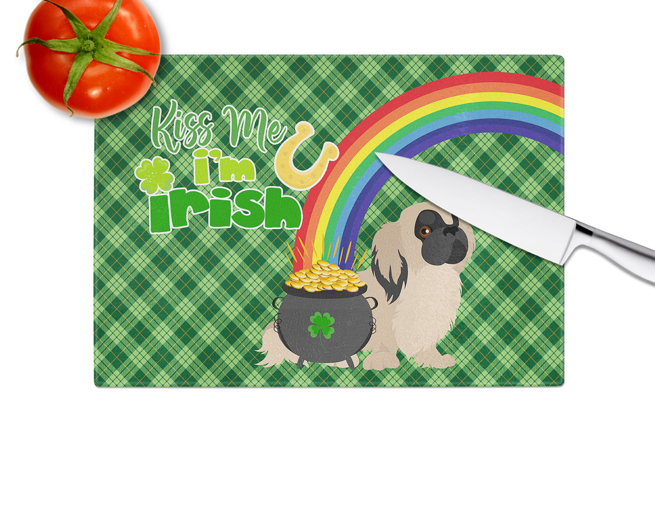 Cream Pekingese St. Patrick's Day Cutting Board Tempered Glass Kitchen Cutting Surface, Heat Resistant Chopping, Non-Slip Feet, Food Prep & Serving