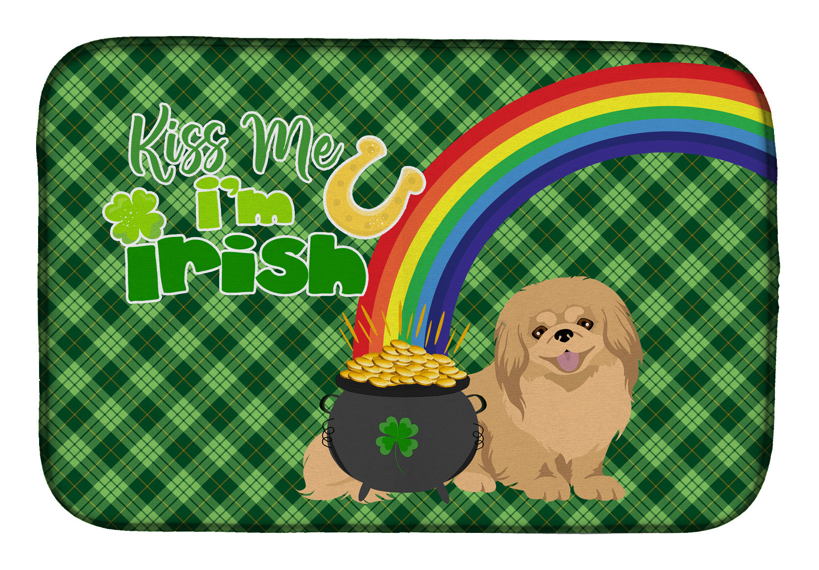 Gold Pekingese St. Patrick's Day Dish Drying Mat Absorbent Dish Drying Mat Pad for Kitchen Counter Dish Drainer Mat for Countertop, 14 x 21", Multicolor