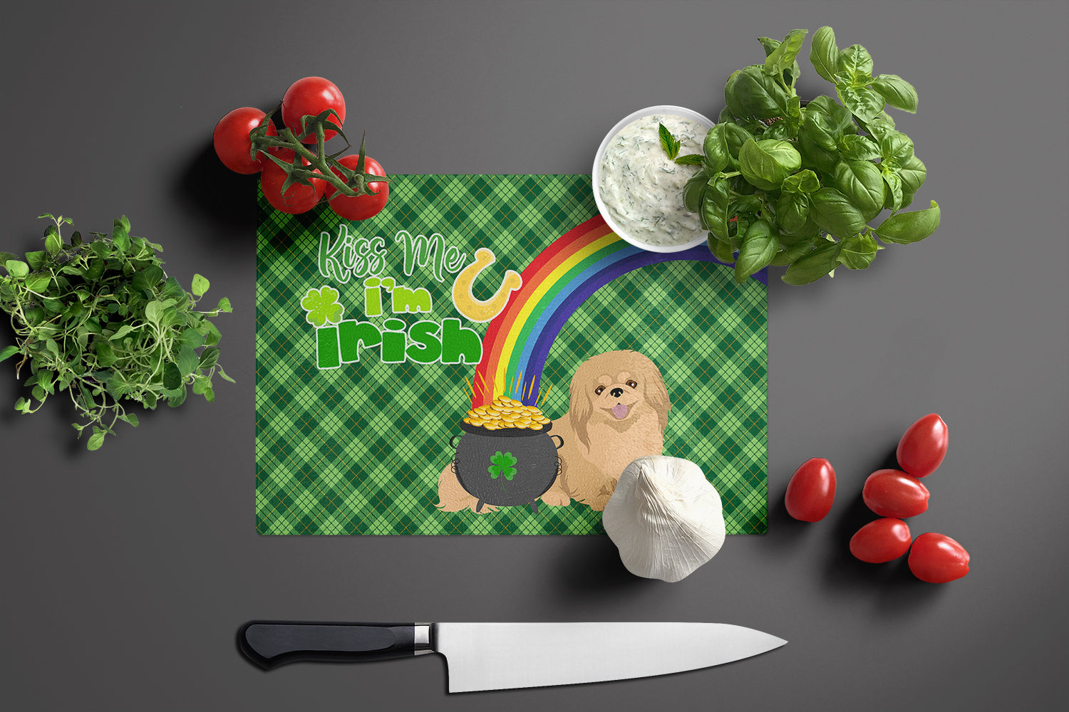 Gold Pekingese St. Patrick's Day Cutting Board Tempered Glass Kitchen Cutting Surface, Heat Resistant Chopping, Non-Slip Feet, Food Prep & Serving