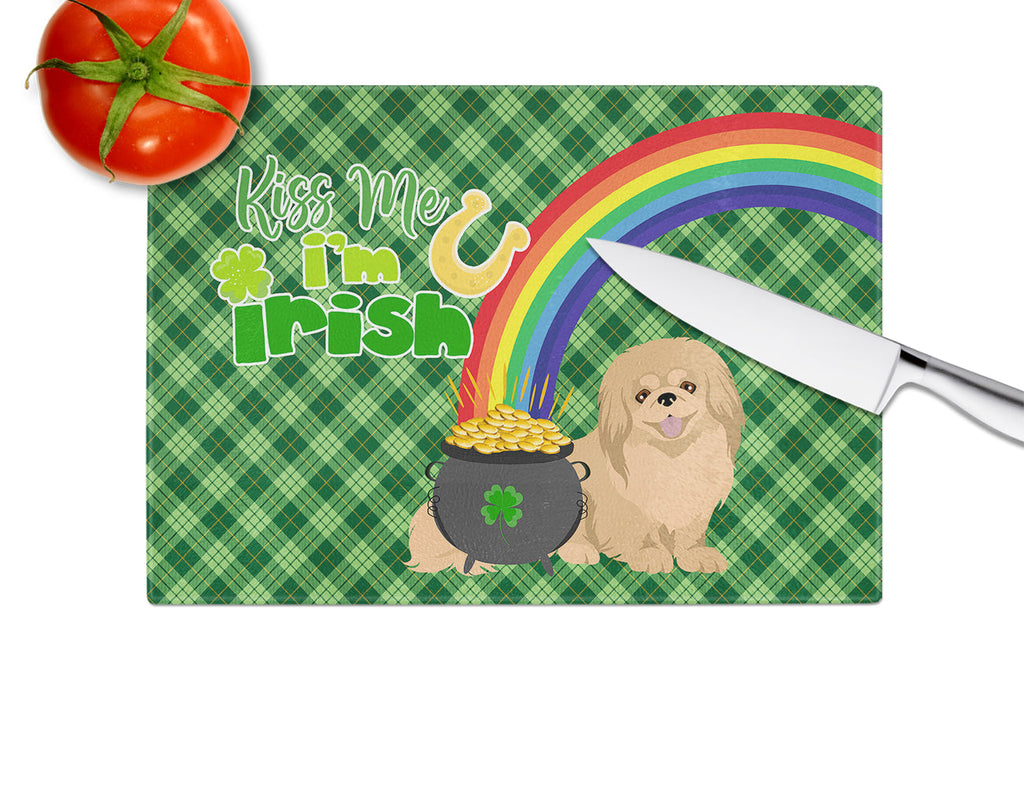 Gold Pekingese St. Patrick's Day Cutting Board Tempered Glass Kitchen Cutting Surface, Heat Resistant Chopping, Non-Slip Feet, Food Prep & Serving