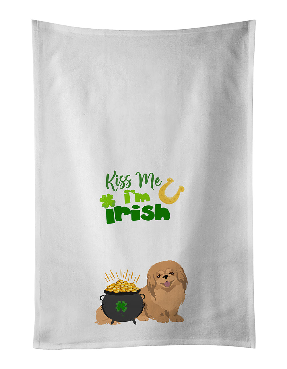 Gold Pekingese St. Patrick's Day Kitchen Towel Set of 2 White Dish Towels Decorative Bathroom Hand towel for Hand, Face, Hair, Yoga, Tea, Dishcloth, 19 X 28", White