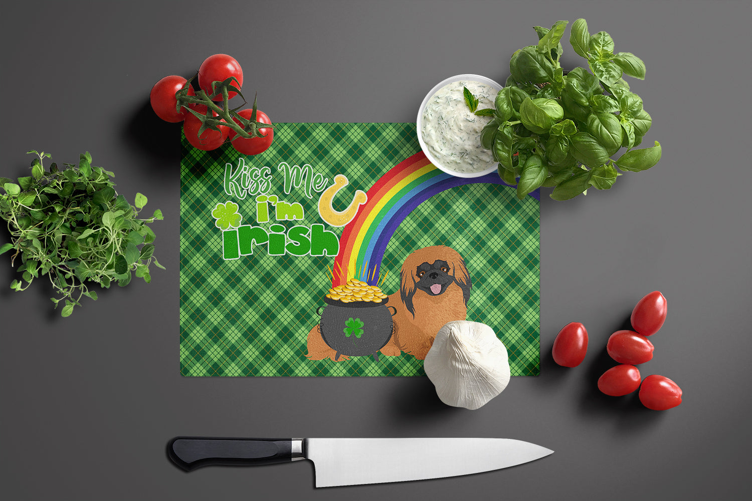 Red Pekingese St. Patrick's Day Cutting Board Tempered Glass Kitchen Cutting Surface, Heat Resistant Chopping, Non-Slip Feet, Food Prep & Serving