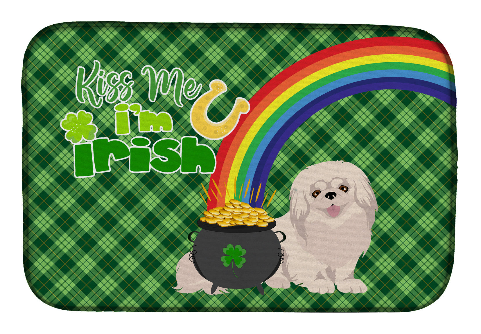 White Pekingese St. Patrick's Day Dish Drying Mat Absorbent Dish Drying Mat Pad for Kitchen Counter Dish Drainer Mat for Countertop, 14 x 21", Multicolor