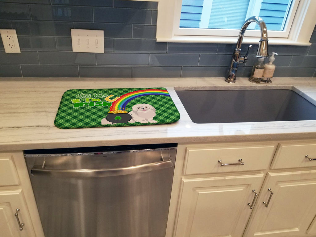White Pekingese St. Patrick's Day Dish Drying Mat Absorbent Dish Drying Mat Pad for Kitchen Counter Dish Drainer Mat for Countertop, 14 x 21", Multicolor