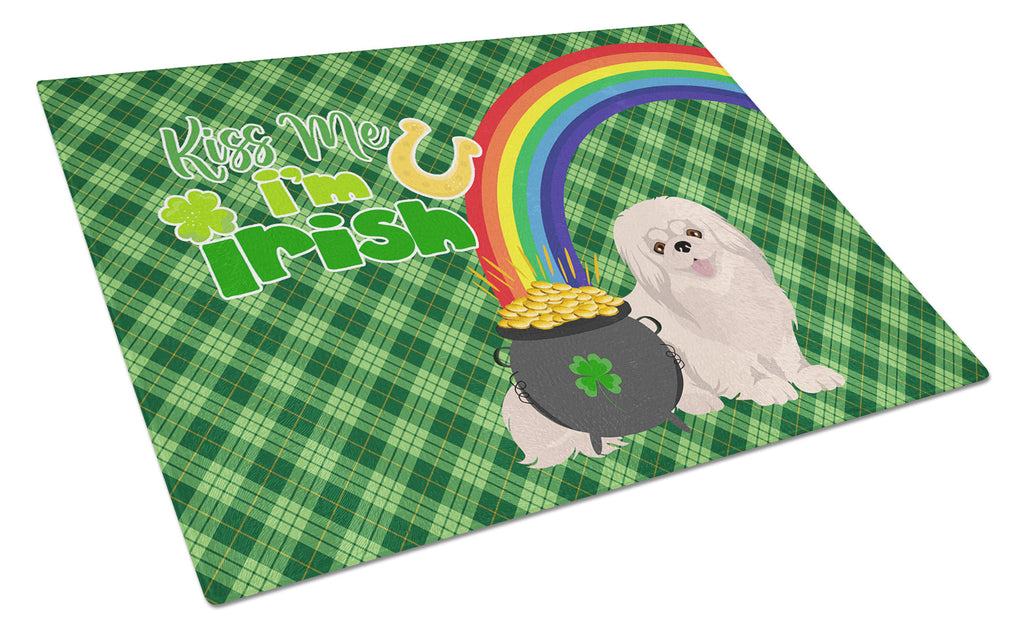 White Pekingese St. Patrick's Day Cutting Board Tempered Glass Kitchen Cutting Surface, Heat Resistant Chopping, Non-Slip Feet, Food Prep & Serving