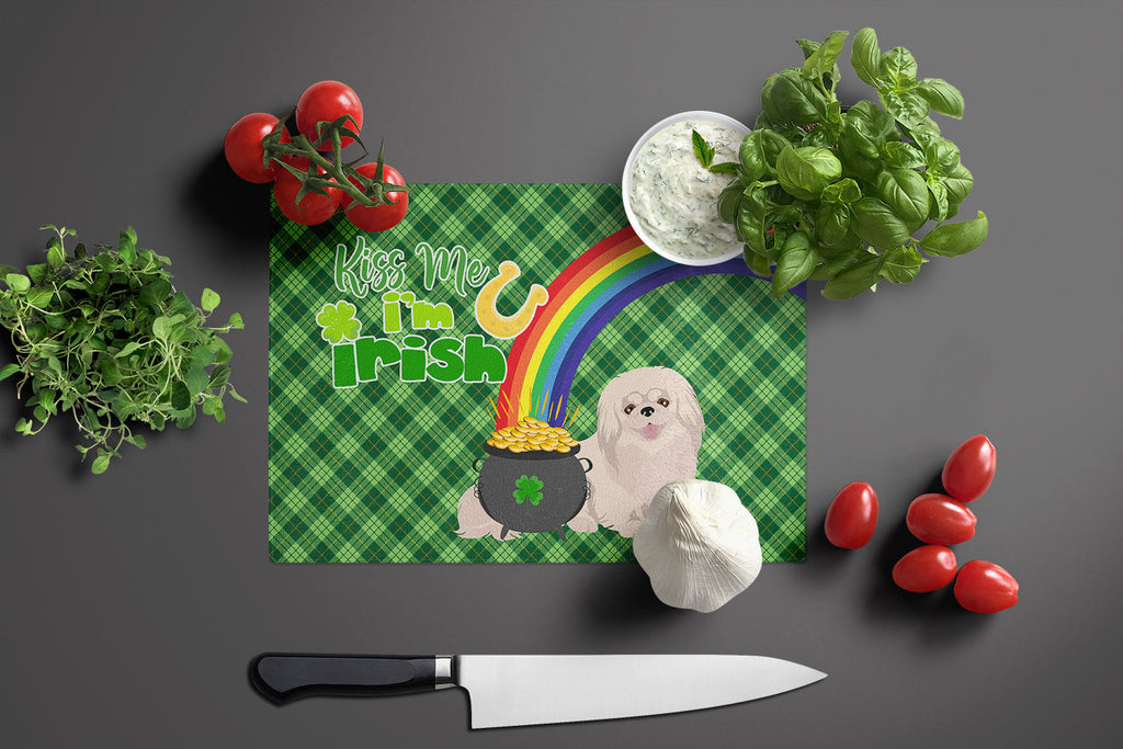 White Pekingese St. Patrick's Day Cutting Board Tempered Glass Kitchen Cutting Surface, Heat Resistant Chopping, Non-Slip Feet, Food Prep & Serving