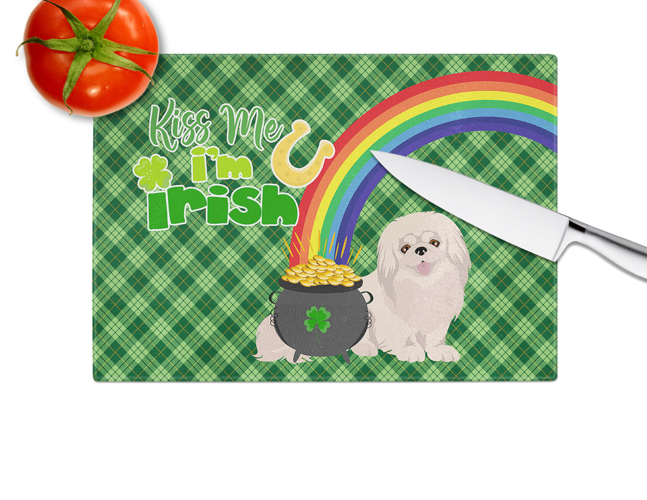 White Pekingese St. Patrick's Day Cutting Board Tempered Glass Kitchen Cutting Surface, Heat Resistant Chopping, Non-Slip Feet, Food Prep & Serving