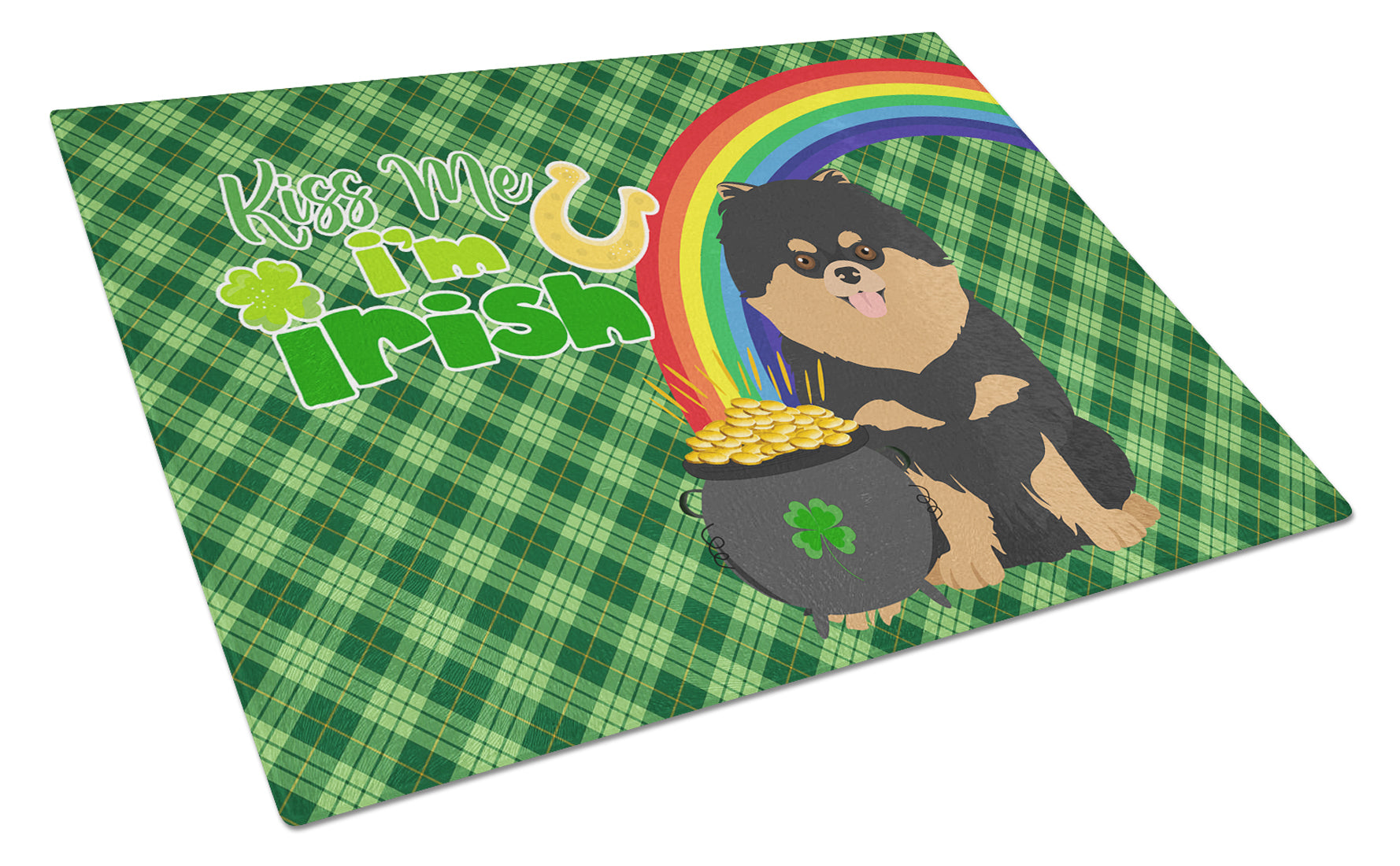 Black and Tan Pomeranian St. Patrick's Day Cutting Board Tempered Glass Kitchen Cutting Surface, Heat Resistant Chopping, Non-Slip Feet, Food Prep & Serving