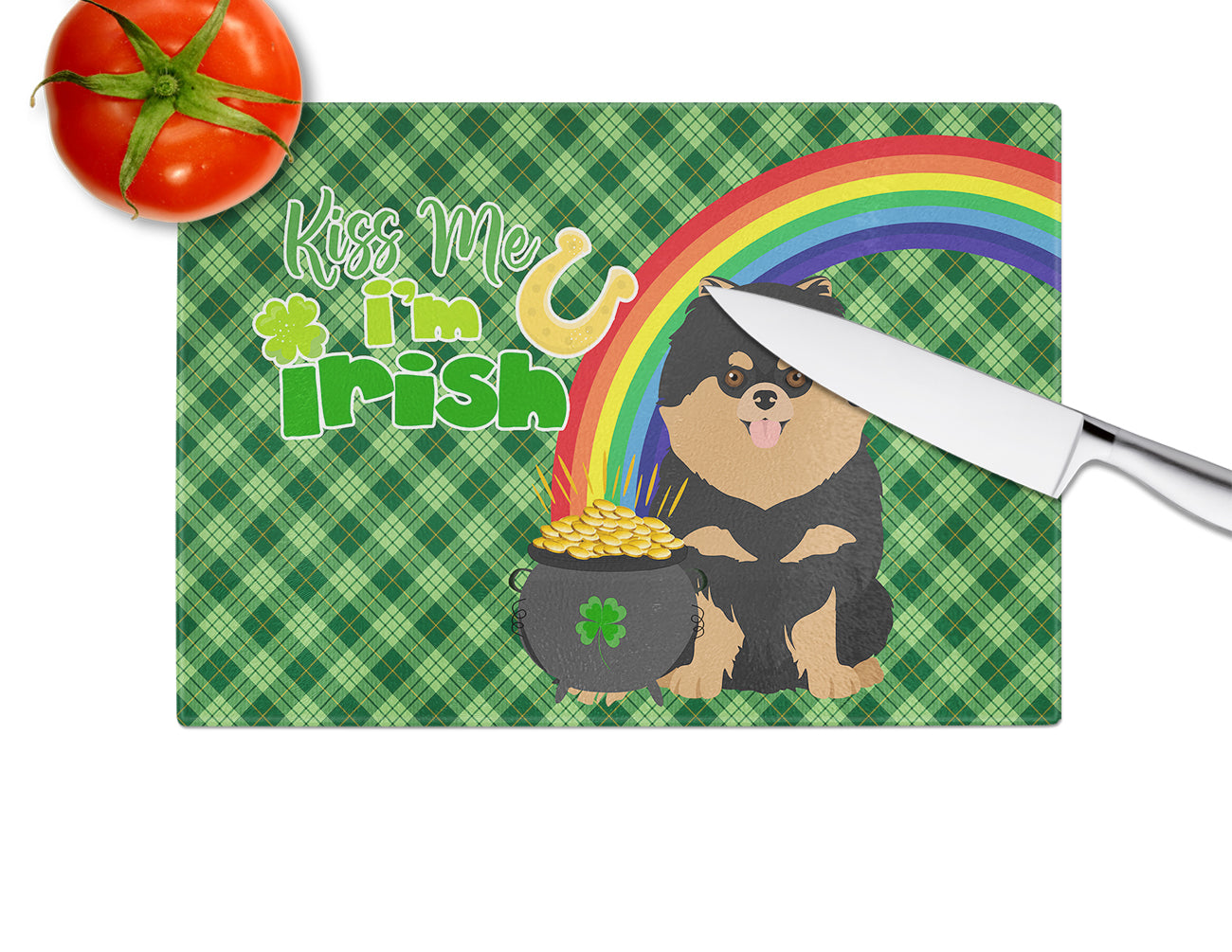 Black and Tan Pomeranian St. Patrick's Day Cutting Board Tempered Glass Kitchen Cutting Surface, Heat Resistant Chopping, Non-Slip Feet, Food Prep & Serving