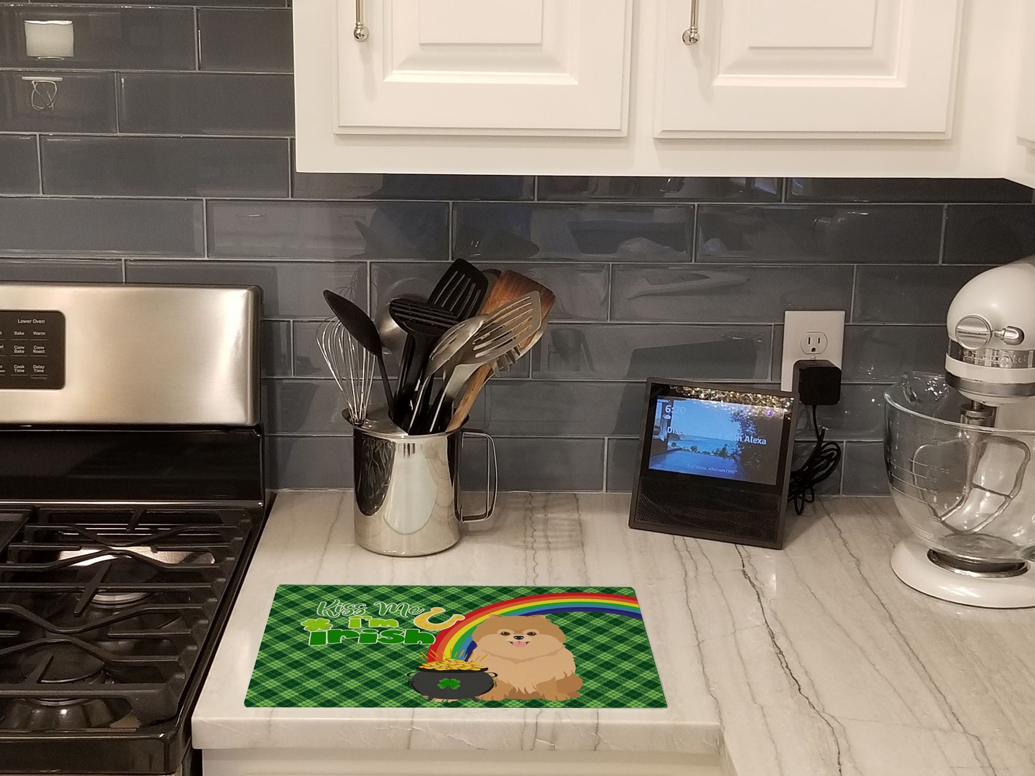 Orange Pomeranian St. Patrick's Day Cutting Board Tempered Glass Kitchen Cutting Surface, Heat Resistant Chopping, Non-Slip Feet, Food Prep & Serving