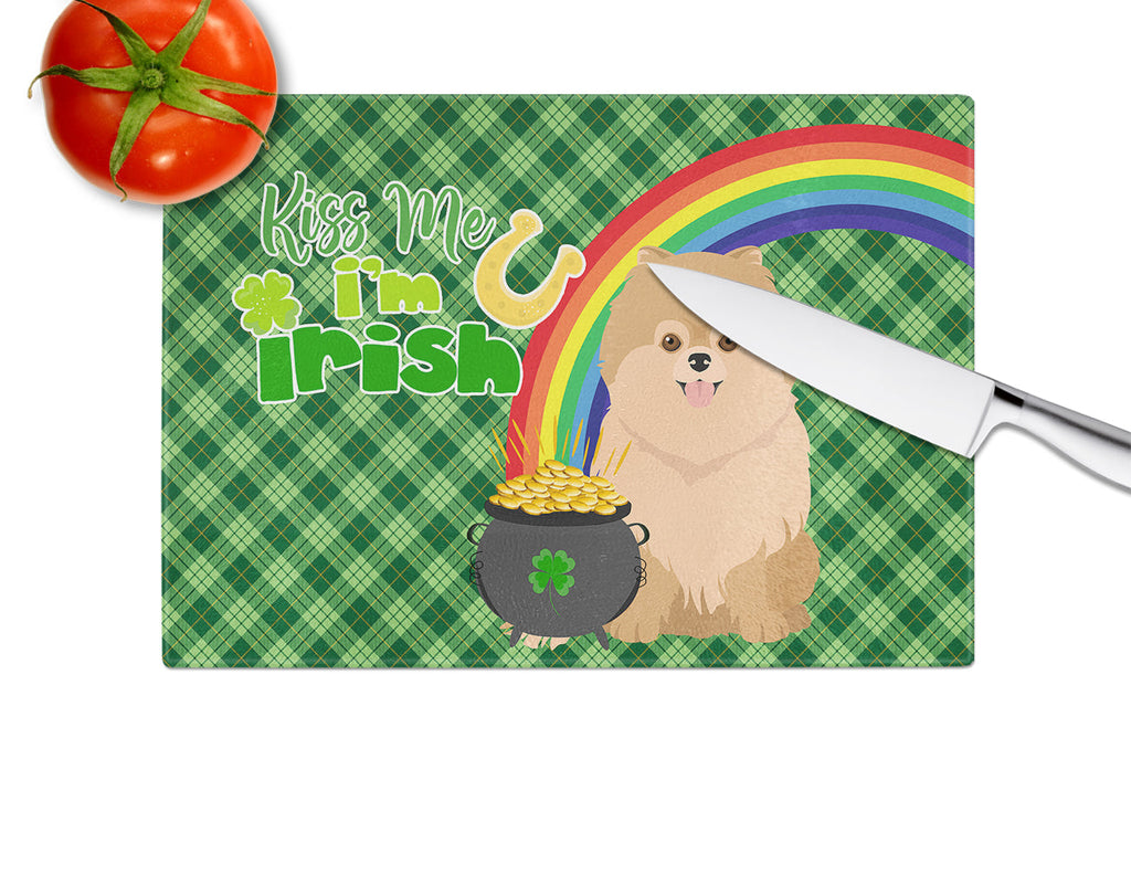 Orange Pomeranian St. Patrick's Day Cutting Board Tempered Glass Kitchen Cutting Surface, Heat Resistant Chopping, Non-Slip Feet, Food Prep & Serving