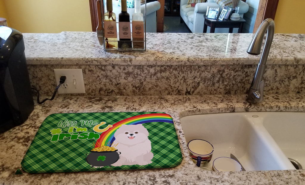 White Pomeranian St. Patrick's Day Dish Drying Mat Absorbent Dish Drying Mat Pad for Kitchen Counter Dish Drainer Mat for Countertop, 14 x 21", Multicolor
