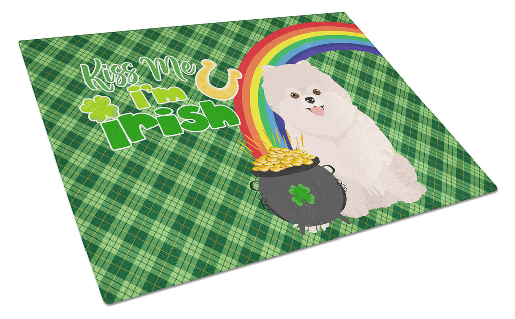 White Pomeranian St. Patrick's Day Cutting Board Tempered Glass Kitchen Cutting Surface, Heat Resistant Chopping, Non-Slip Feet, Food Prep & Serving