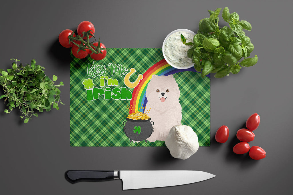 White Pomeranian St. Patrick's Day Cutting Board Tempered Glass Kitchen Cutting Surface, Heat Resistant Chopping, Non-Slip Feet, Food Prep & Serving