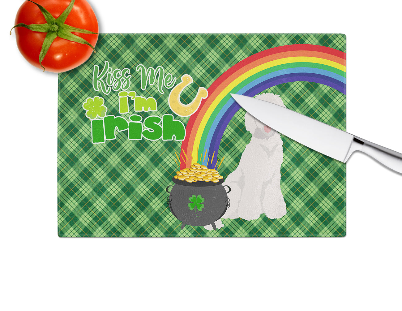 Standard White Poodle St. Patrick's Day Cutting Board Tempered Glass Kitchen Cutting Surface, Heat Resistant Chopping, Non-Slip Feet, Food Prep & Serving