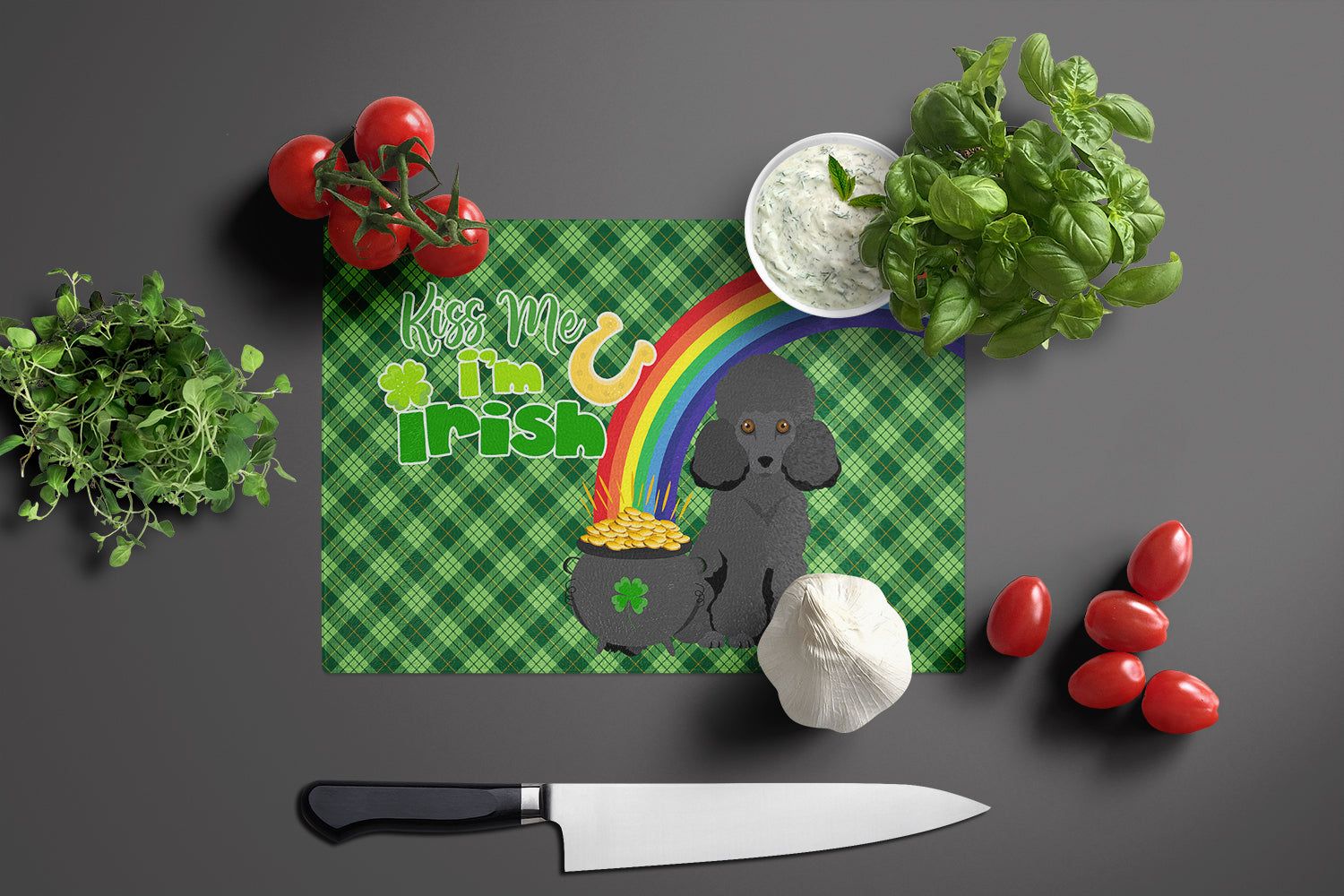 Toy Black Poodle St. Patrick's Day Cutting Board Tempered Glass Kitchen Cutting Surface, Heat Resistant Chopping, Non-Slip Feet, Food Prep & Serving