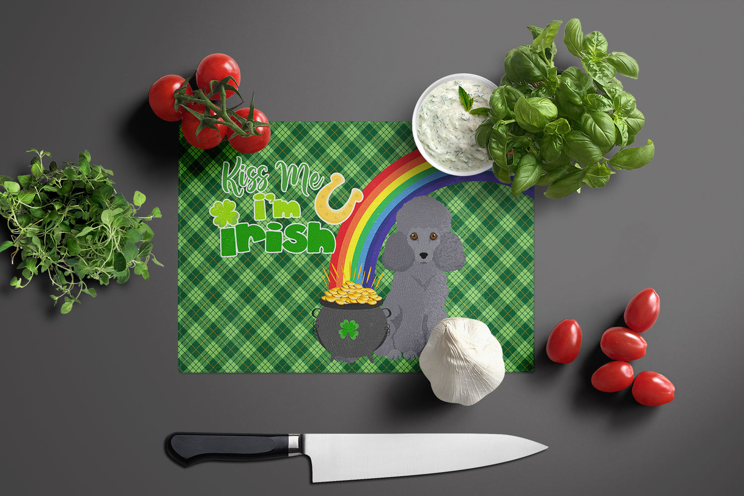 Toy Grey Poodle St. Patrick's Day Cutting Board Tempered Glass Kitchen Cutting Surface, Heat Resistant Chopping, Non-Slip Feet, Food Prep & Serving