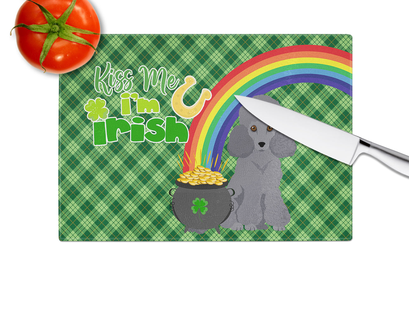 Toy Grey Poodle St. Patrick's Day Cutting Board Tempered Glass Kitchen Cutting Surface, Heat Resistant Chopping, Non-Slip Feet, Food Prep & Serving