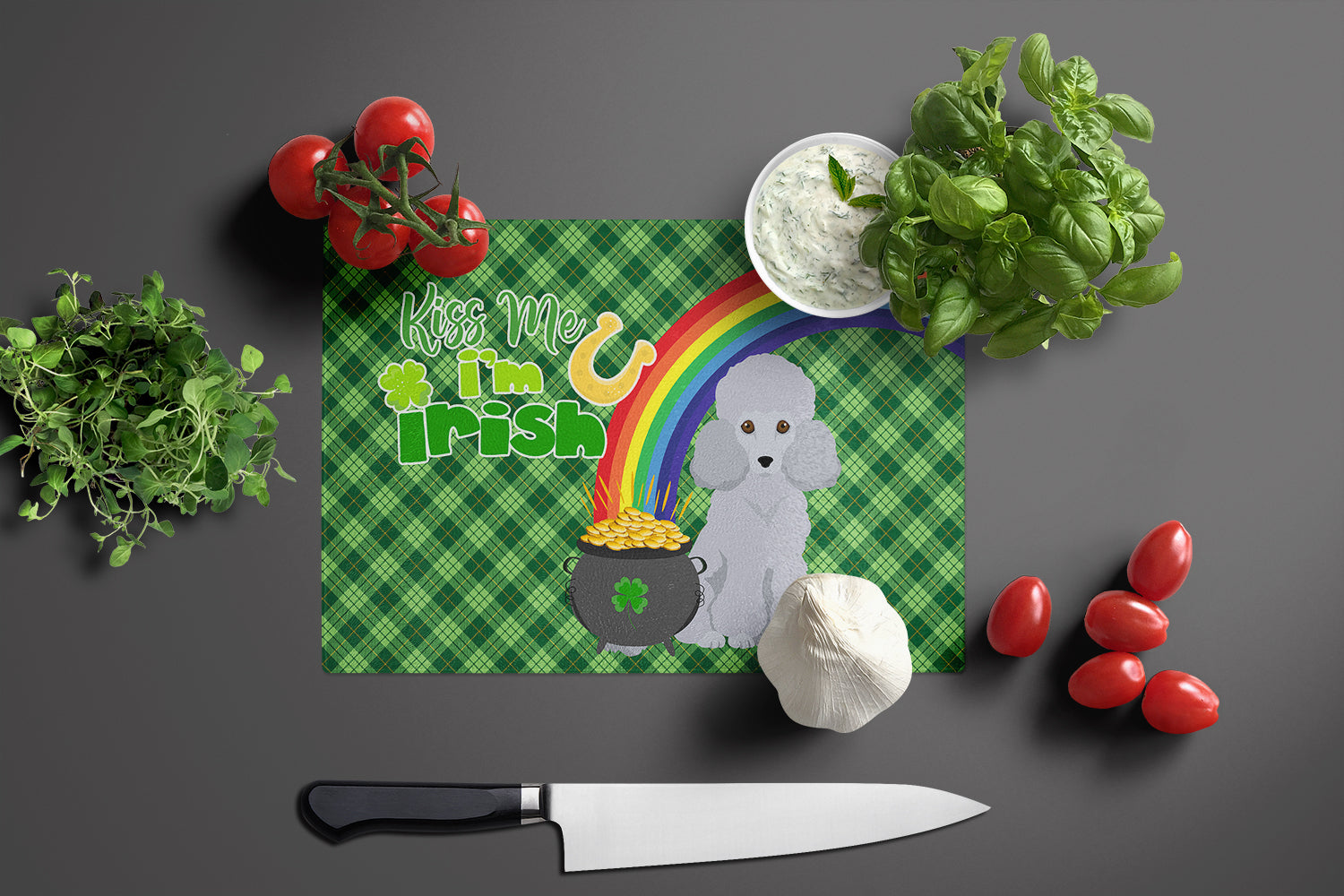 Toy Silver Poodle St. Patrick's Day Cutting Board Tempered Glass Kitchen Cutting Surface, Heat Resistant Chopping, Non-Slip Feet, Food Prep & Serving