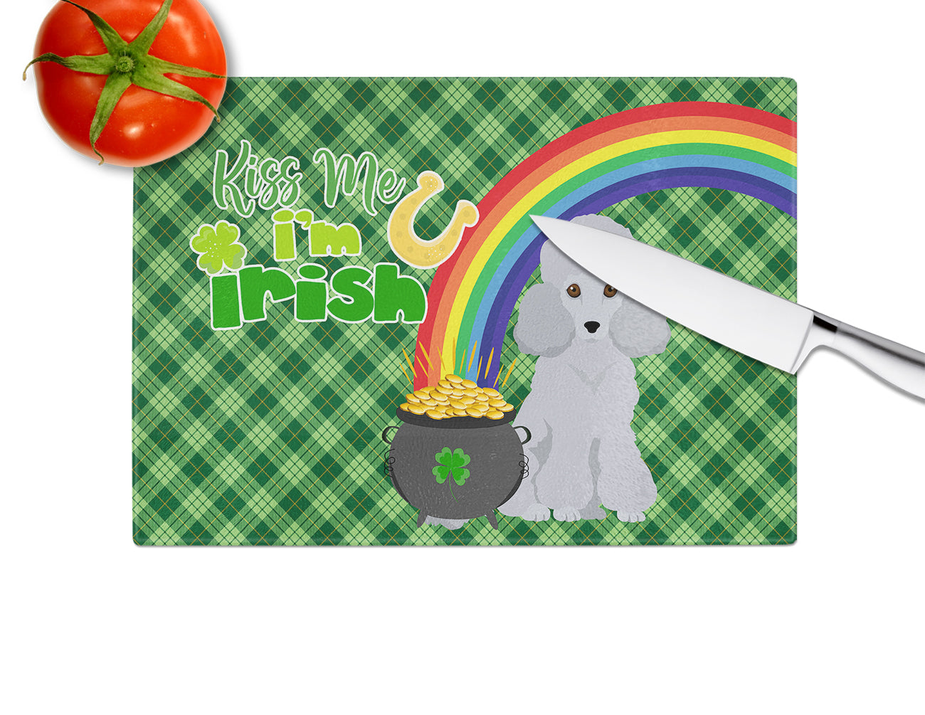 Toy Silver Poodle St. Patrick's Day Cutting Board Tempered Glass Kitchen Cutting Surface, Heat Resistant Chopping, Non-Slip Feet, Food Prep & Serving