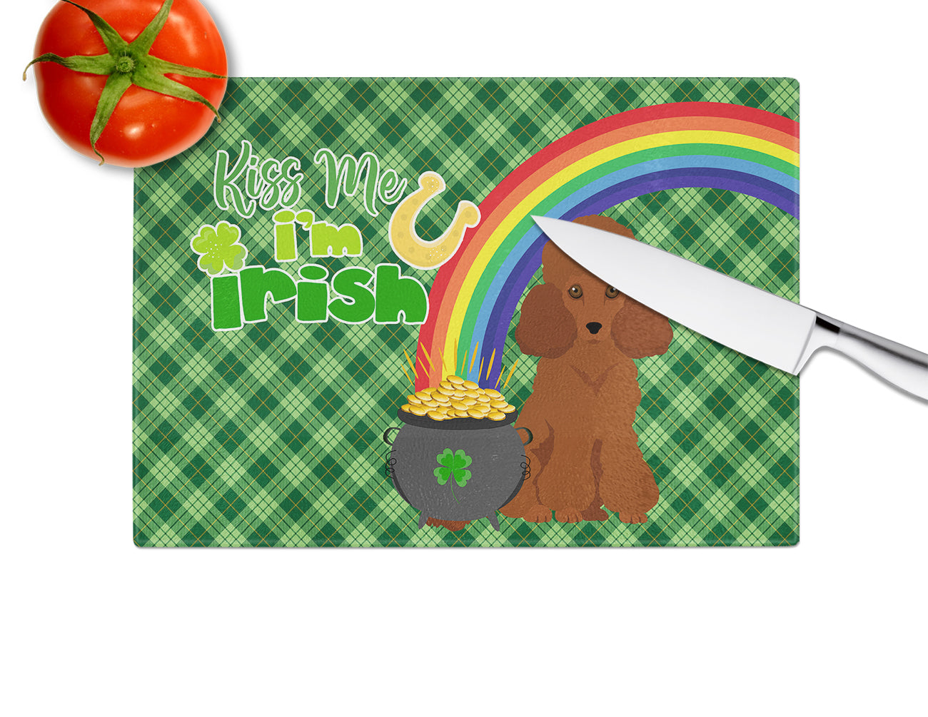 Toy Red Poodle St. Patrick's Day Cutting Board Tempered Glass Kitchen Cutting Surface, Heat Resistant Chopping, Non-Slip Feet, Food Prep & Serving