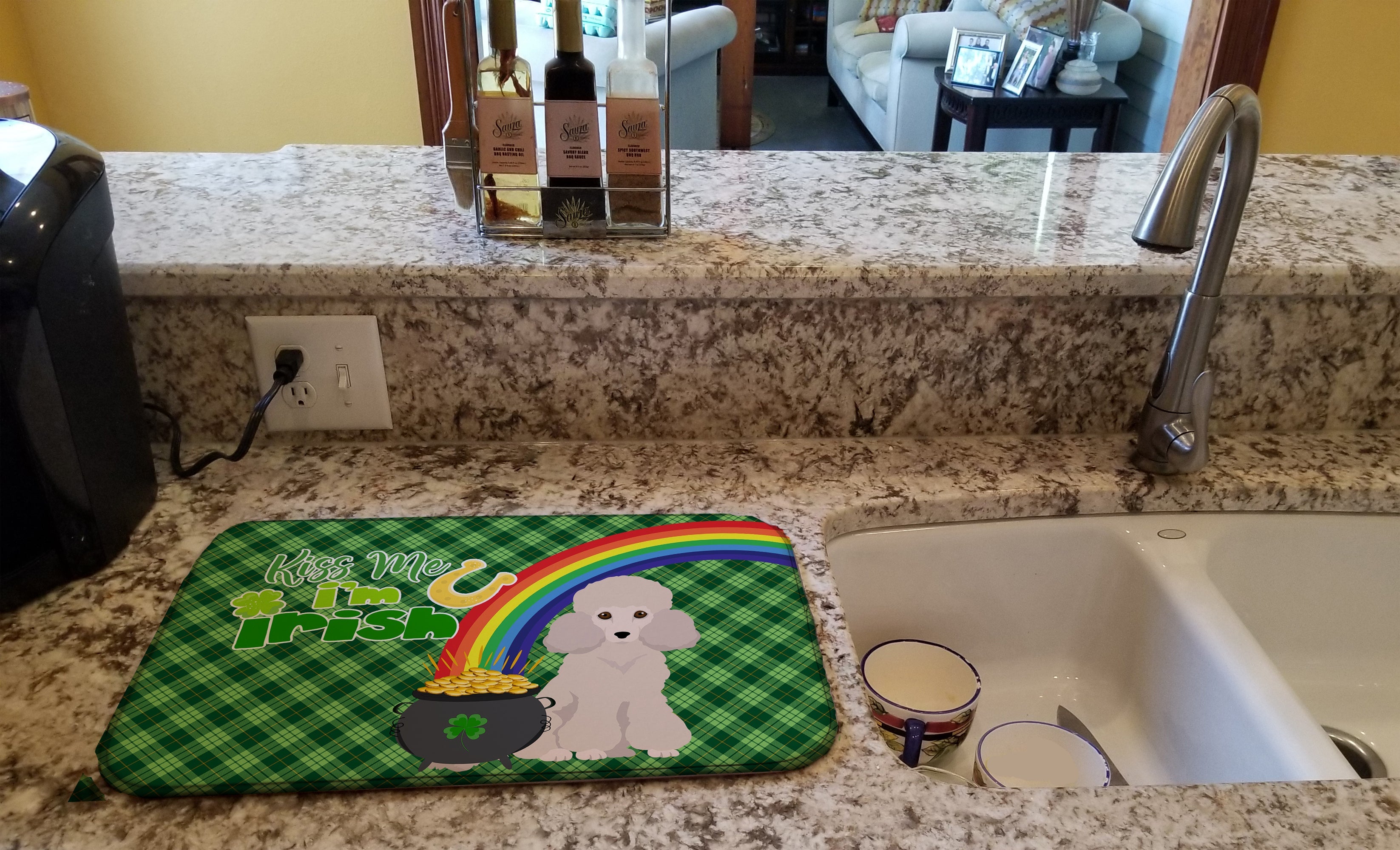 Toy Cream Poodle St. Patrick's Day Dish Drying Mat Absorbent Dish Drying Mat Pad for Kitchen Counter Dish Drainer Mat for Countertop, 14 x 21", Multicolor