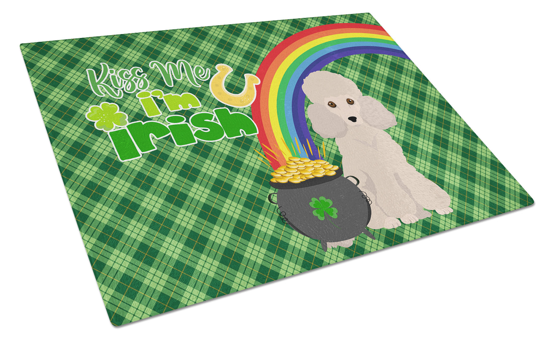 Toy Cream Poodle St. Patrick's Day Cutting Board Tempered Glass Kitchen Cutting Surface, Heat Resistant Chopping, Non-Slip Feet, Food Prep & Serving
