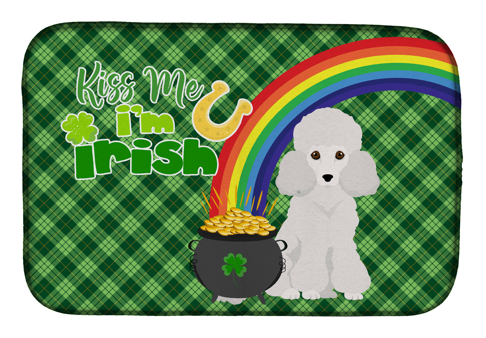 Toy White Poodle St. Patrick's Day Dish Drying Mat Absorbent Dish Drying Mat Pad for Kitchen Counter Dish Drainer Mat for Countertop, 14 x 21", Multicolor