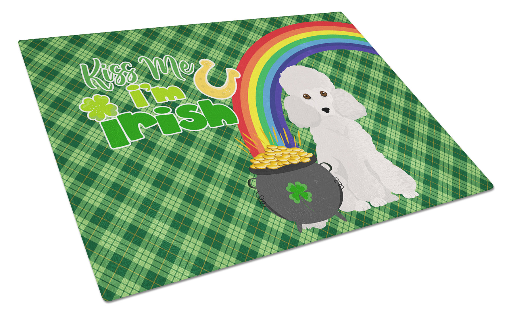 Toy White Poodle St. Patrick's Day Cutting Board Tempered Glass Kitchen Cutting Surface, Heat Resistant Chopping, Non-Slip Feet, Food Prep & Serving