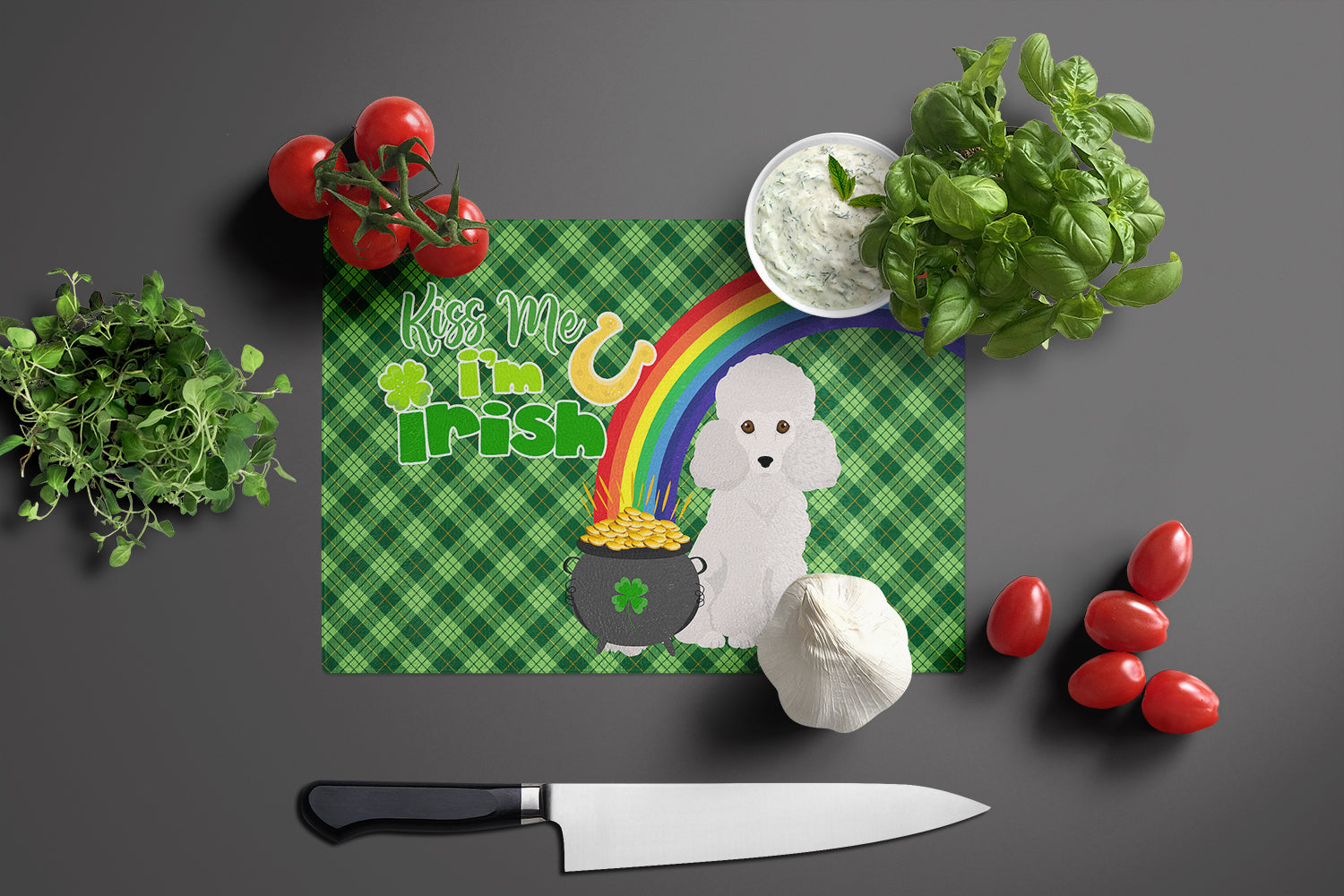 Toy White Poodle St. Patrick's Day Cutting Board Tempered Glass Kitchen Cutting Surface, Heat Resistant Chopping, Non-Slip Feet, Food Prep & Serving