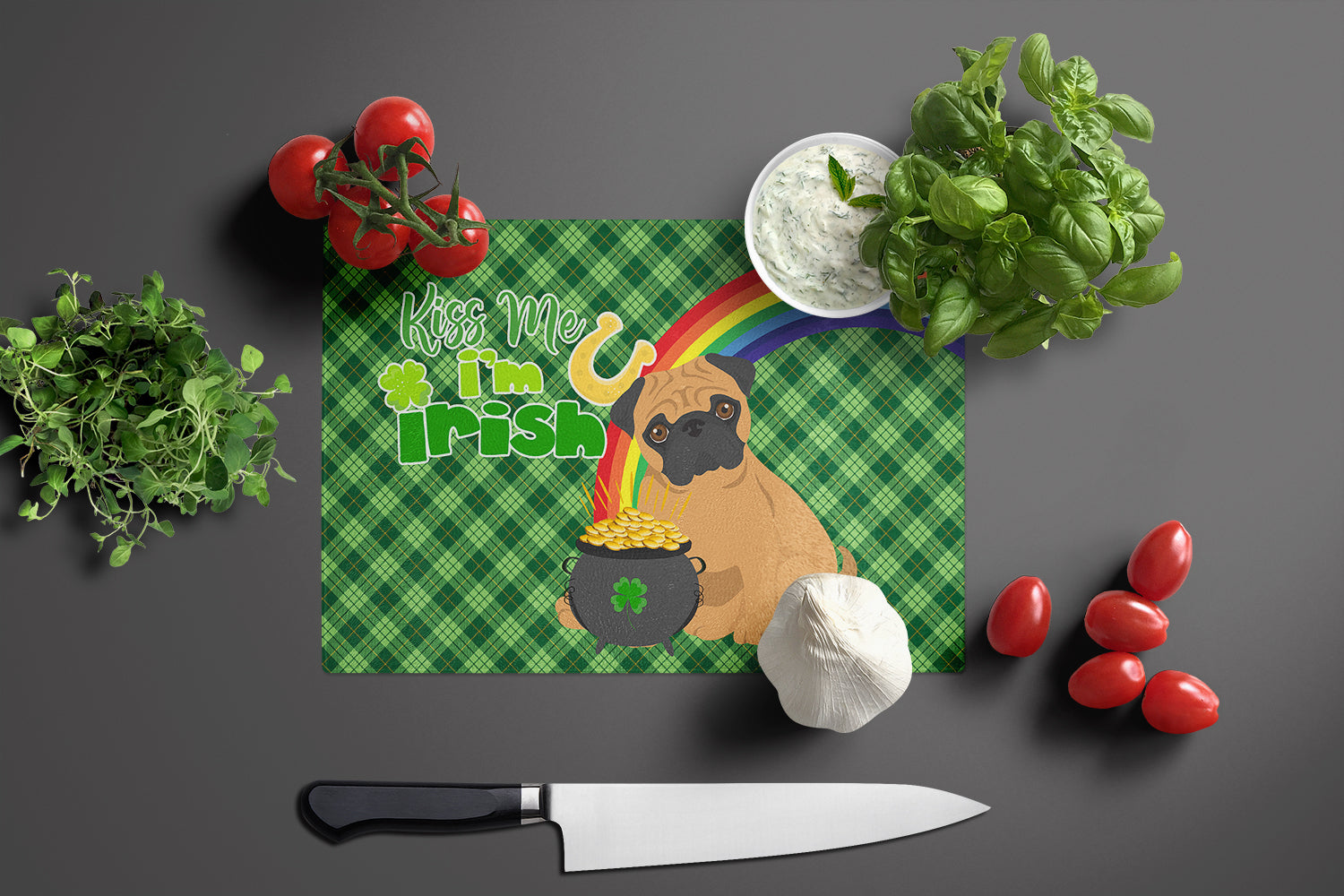 Apricot Pug St. Patrick's Day Cutting Board Tempered Glass Kitchen Cutting Surface, Heat Resistant Chopping, Non-Slip Feet, Food Prep & Serving