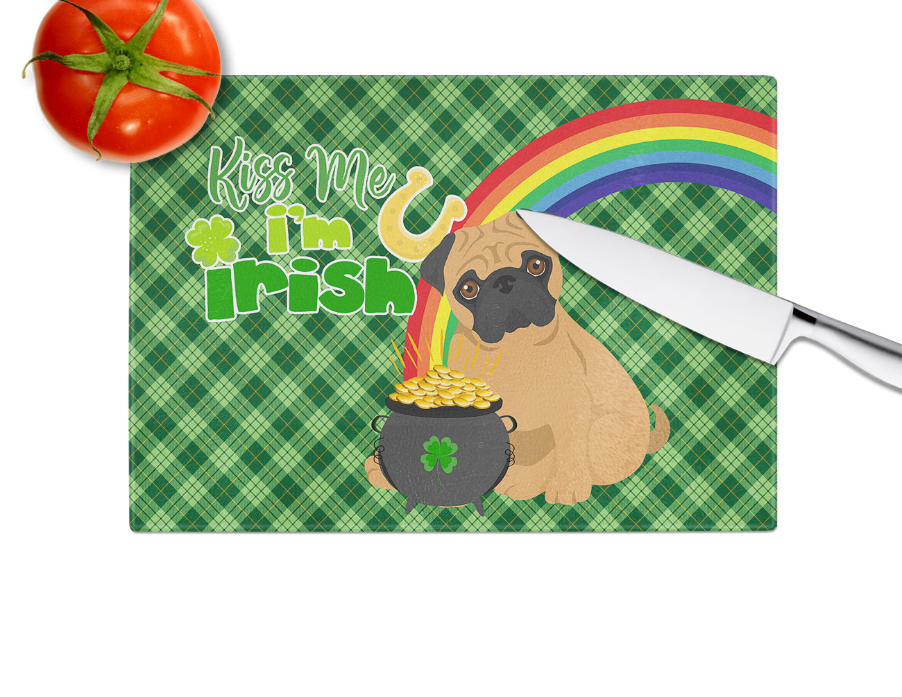 Apricot Pug St. Patrick's Day Cutting Board Tempered Glass Kitchen Cutting Surface, Heat Resistant Chopping, Non-Slip Feet, Food Prep & Serving
