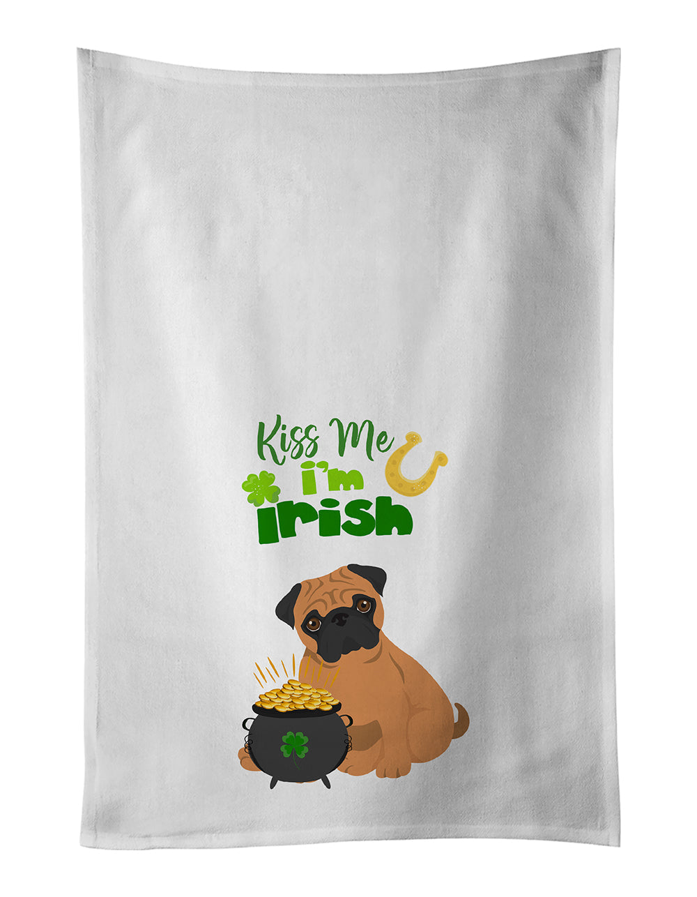 Apricot Pug St. Patrick's Day Kitchen Towel Set of 2 White Dish Towels Decorative Bathroom Hand towel for Hand, Face, Hair, Yoga, Tea, Dishcloth, 19 X 28", White