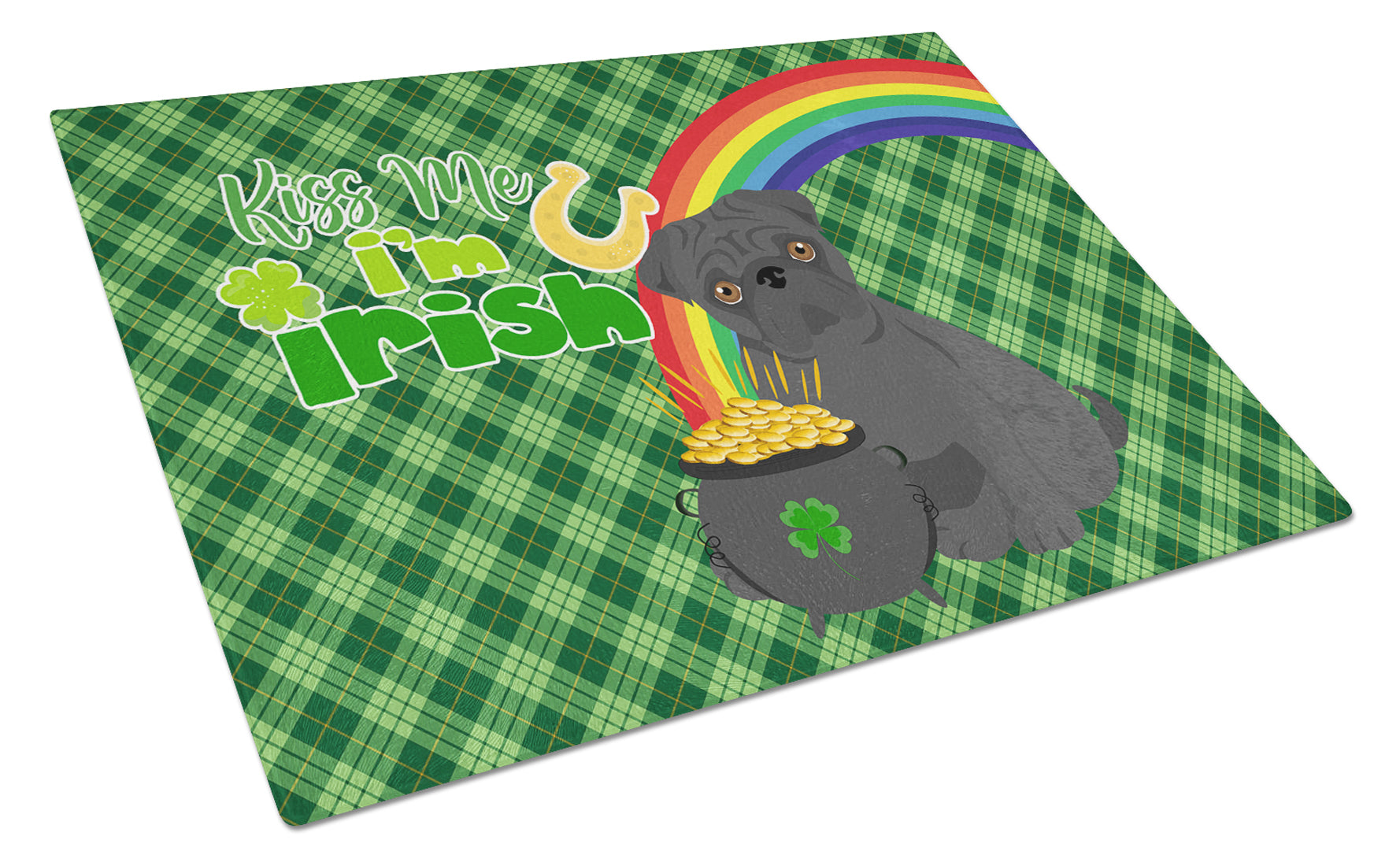 Black Pug St. Patrick's Day Cutting Board Tempered Glass Kitchen Cutting Surface, Heat Resistant Chopping, Non-Slip Feet, Food Prep & Serving