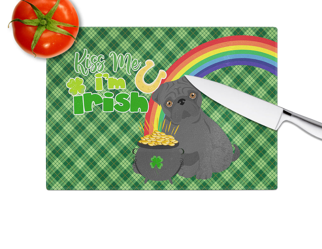 Black Pug St. Patrick's Day Cutting Board Tempered Glass Kitchen Cutting Surface, Heat Resistant Chopping, Non-Slip Feet, Food Prep & Serving