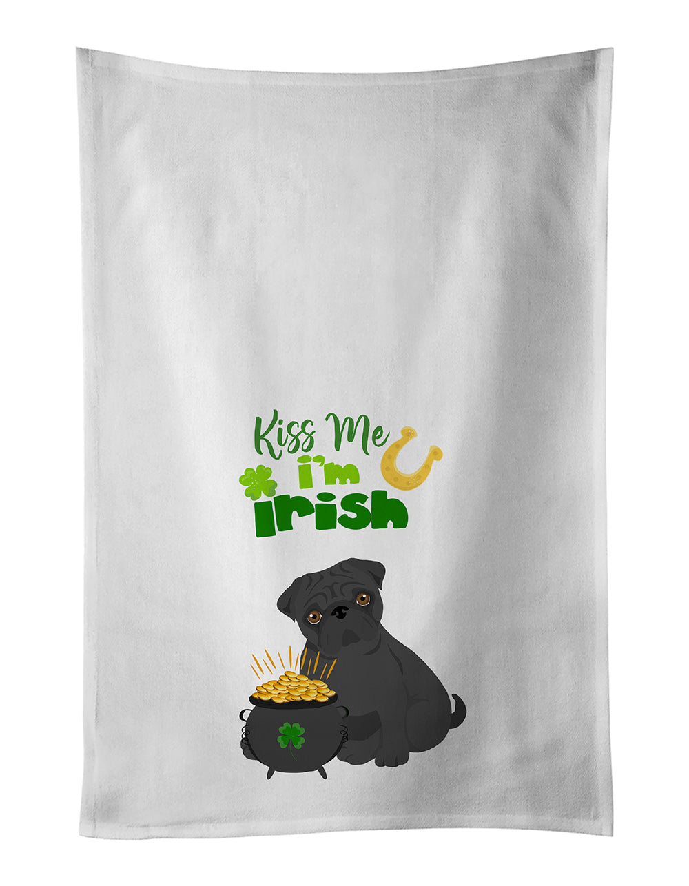 Black Pug St. Patrick's Day Kitchen Towel Set of 2 White Dish Towels Decorative Bathroom Hand towel for Hand, Face, Hair, Yoga, Tea, Dishcloth, 19 X 28", White