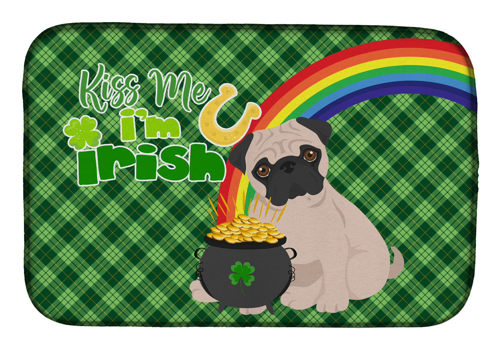 Fawn Pug St. Patrick's Day Dish Drying Mat Absorbent Dish Drying Mat Pad for Kitchen Counter Dish Drainer Mat for Countertop, 14 x 21", Multicolor
