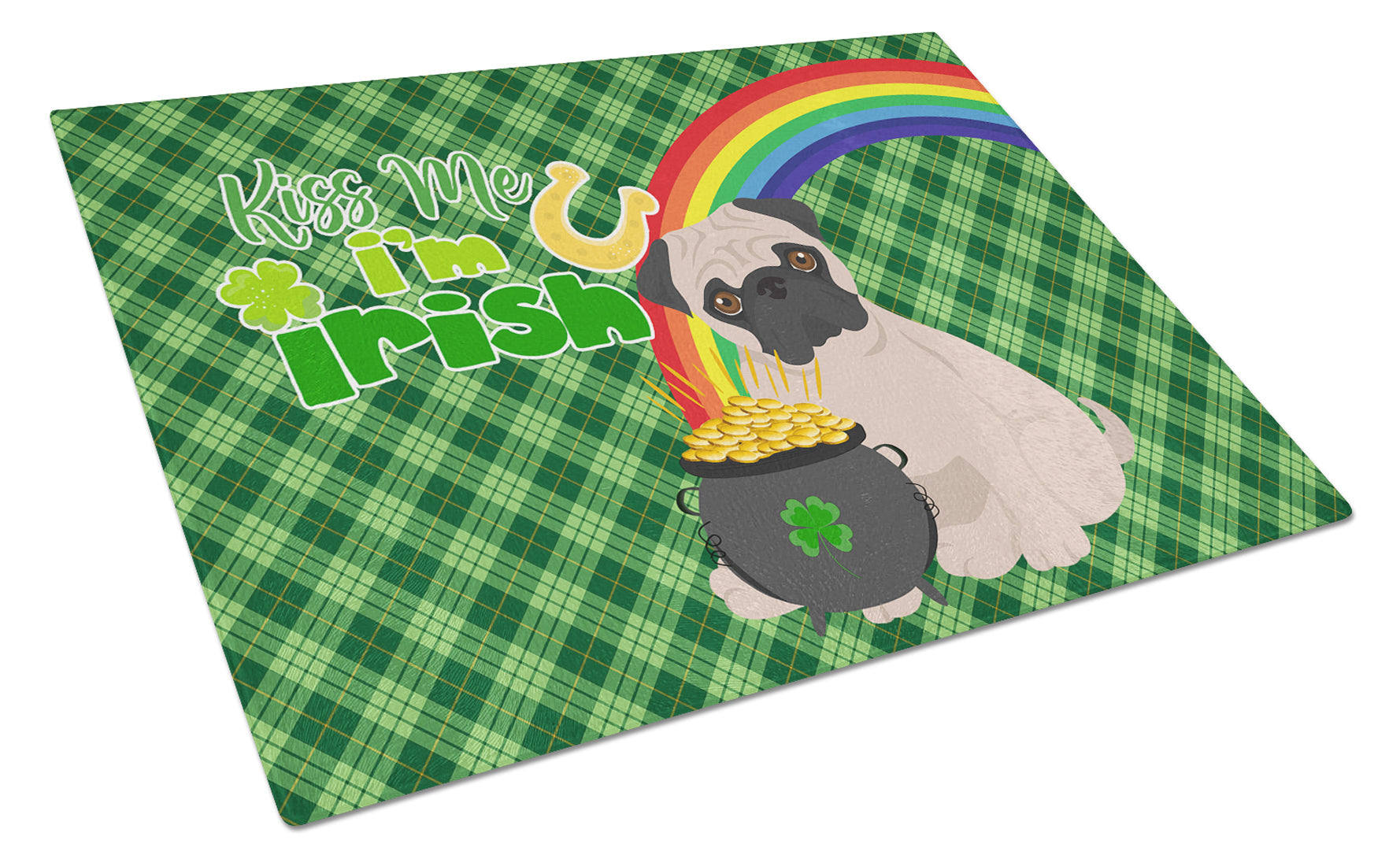 Fawn Pug St. Patrick's Day Cutting Board Tempered Glass Kitchen Cutting Surface, Heat Resistant Chopping, Non-Slip Feet, Food Prep & Serving
